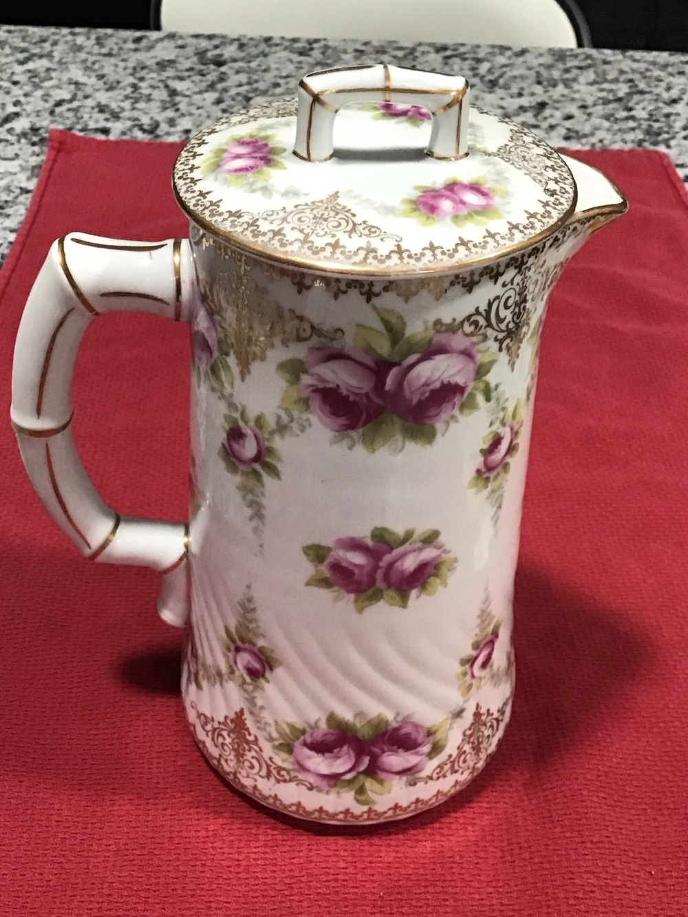 Vintage Porcelain Floral Pitcher with Gold Trim - White and Pink. ##